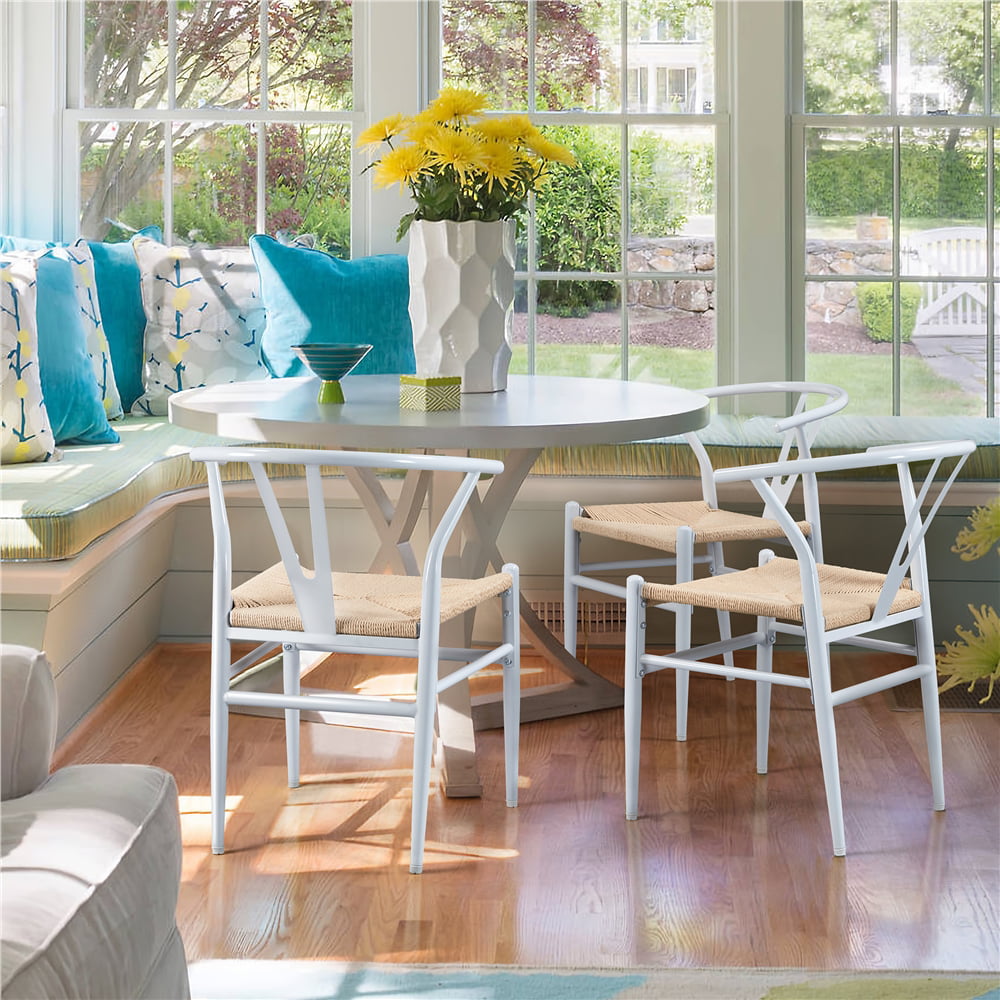 Alden Design Mid-Century Metal Dining Chairs with Woven Hemp Seat. Set of 2. White