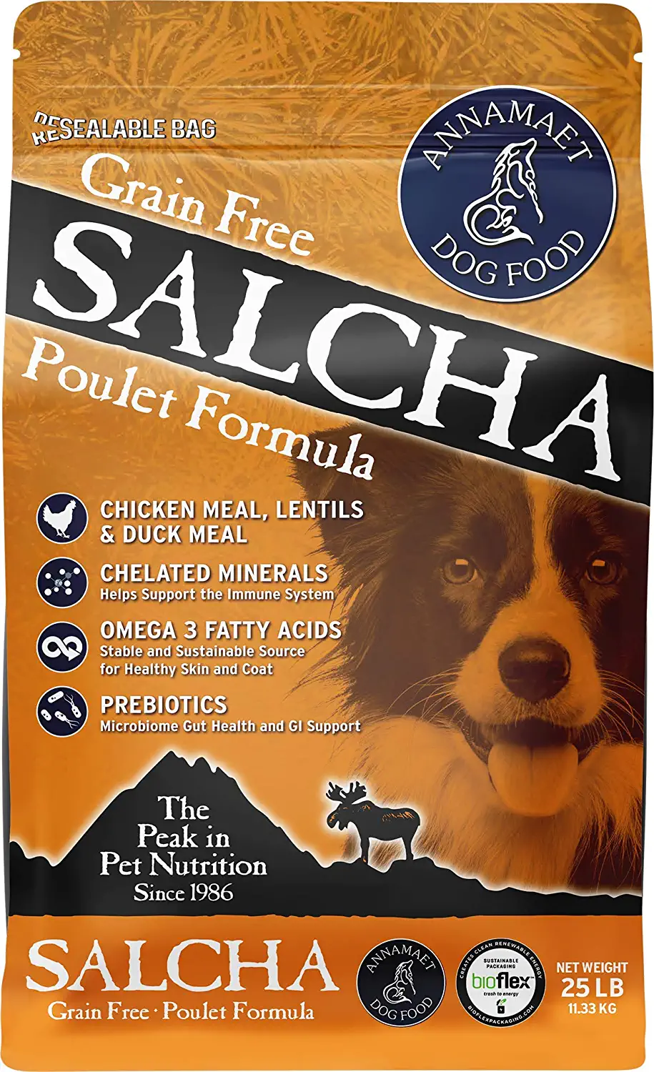 Annamaet Grain-Free Salcha Poulet Formula Dry Dog Food (Chicken & Duck) 25-lb Bag. Brown