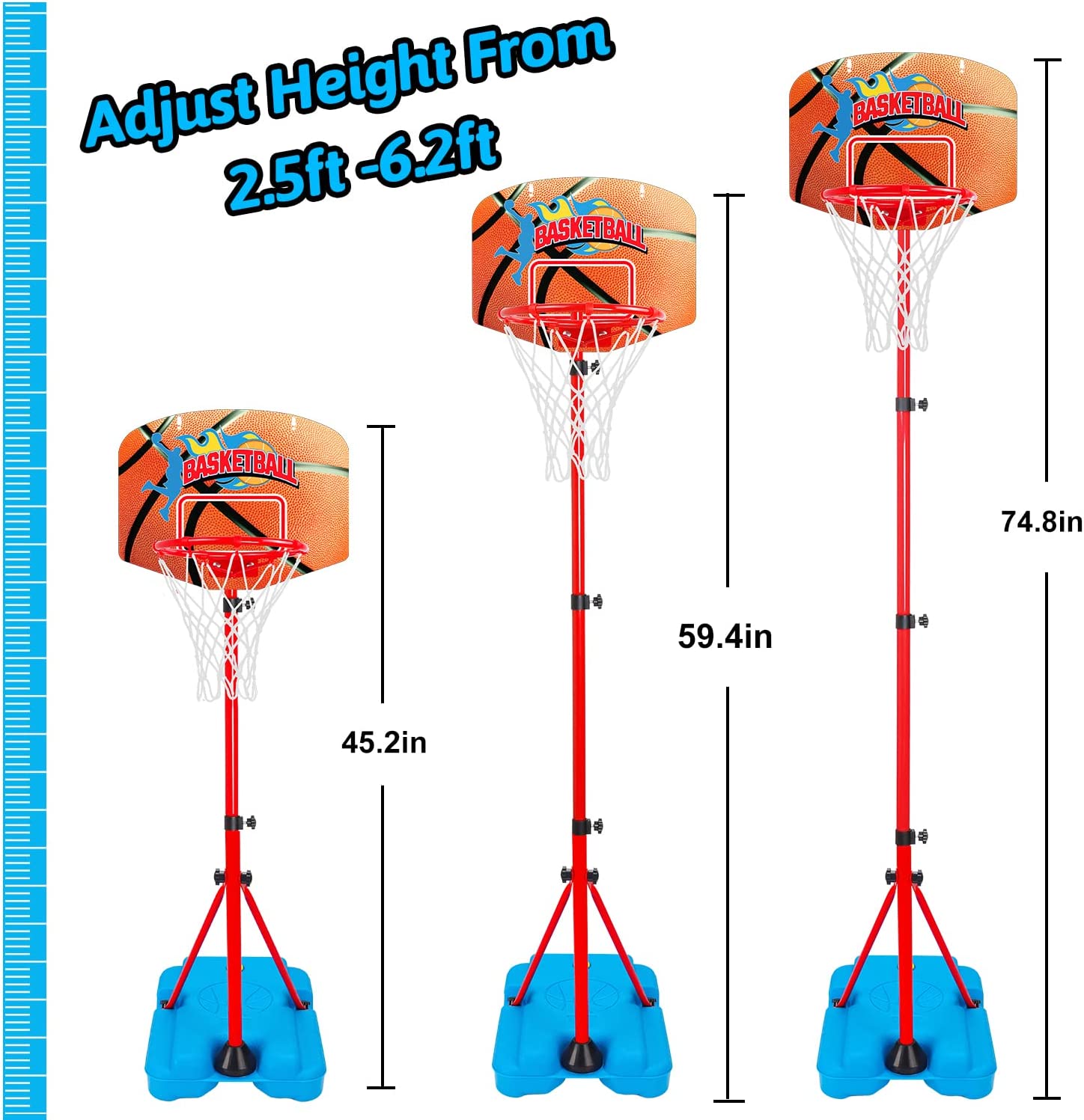 AugToy Toddler Basketball Hoop Stand Adjustable Height 2.5 ft -6.2 ft Mini Indoor Basketball Goal Toy with Ball Pump for Kids Boys Girls 2 3 4 5 Years Old Outdoor Outside Toys 1-3 Yard Backyard Games