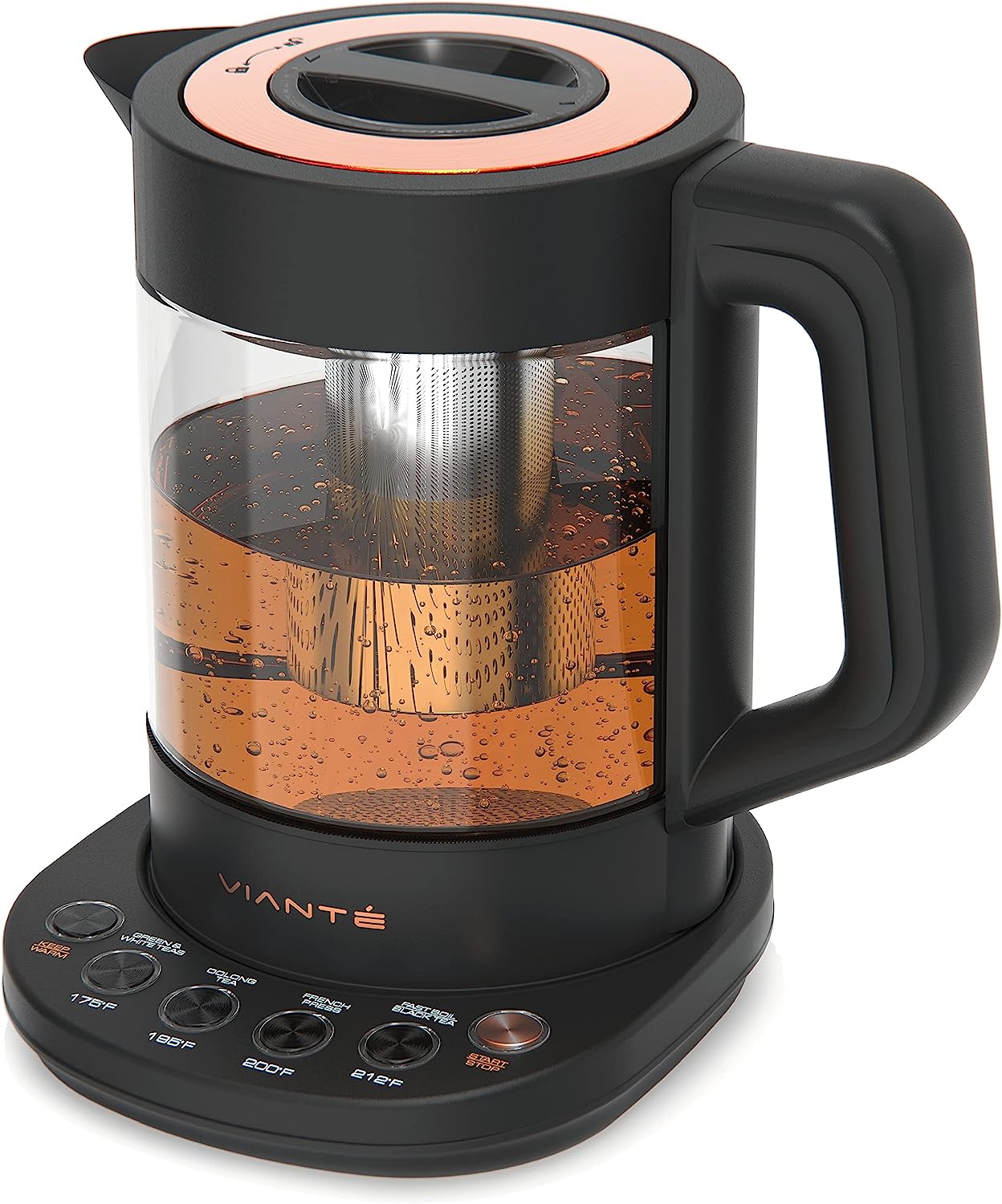 Vianté Hot Tea Maker Electric Glass Kettle with tea infuser and temperature control. Automatic Shut off. Brewing Programs for your favorite teas and Coffee. Black