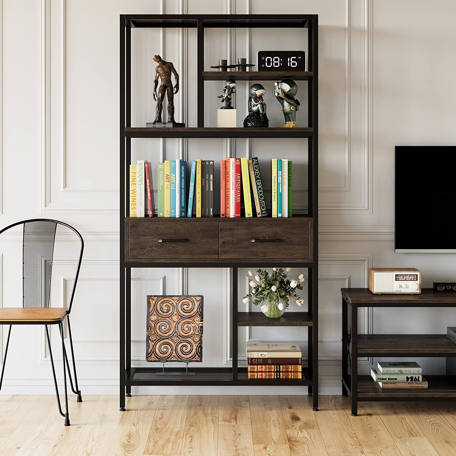 Homfa 5-tier Iron Bookcase with 2 Drawers. Industrial Tall Bookshelf with 7 open storage shelves. Free Standing Display shelf with Metal Frame. Dark Brown