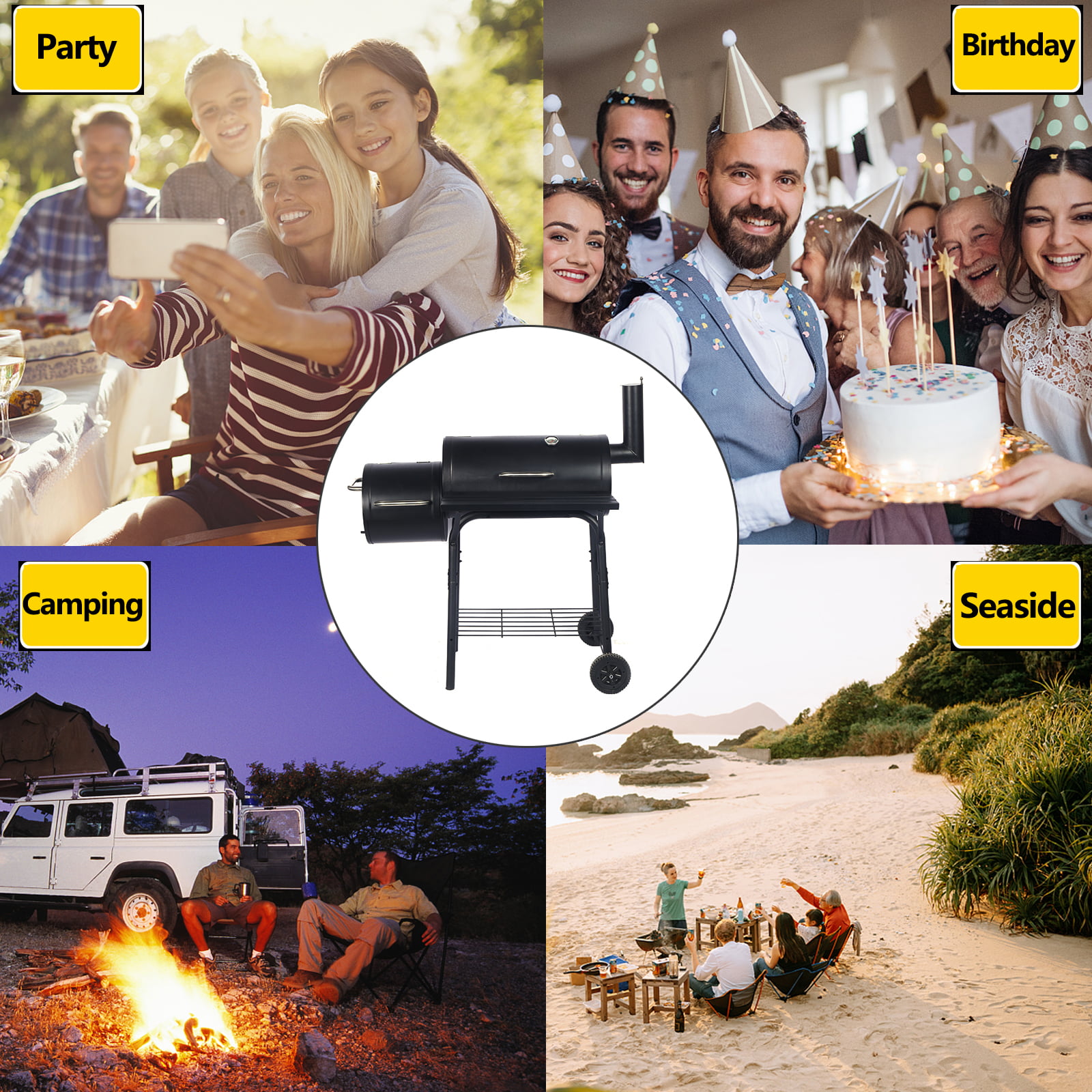 SKONYON Outdoor Portable BBQ Charcoal Grill with Offset Smoker. Black