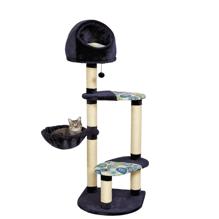 Cat Tree | “Resort” Cat Tree / Cat Furniture. 4-Tier Cat Tree w/ Sisal Wrapped Cat Scratching Support Posts. Hanging Cat Bunker Bed & High Canopy Cat Perch. Blue / White Pattern. Large Cat Tree