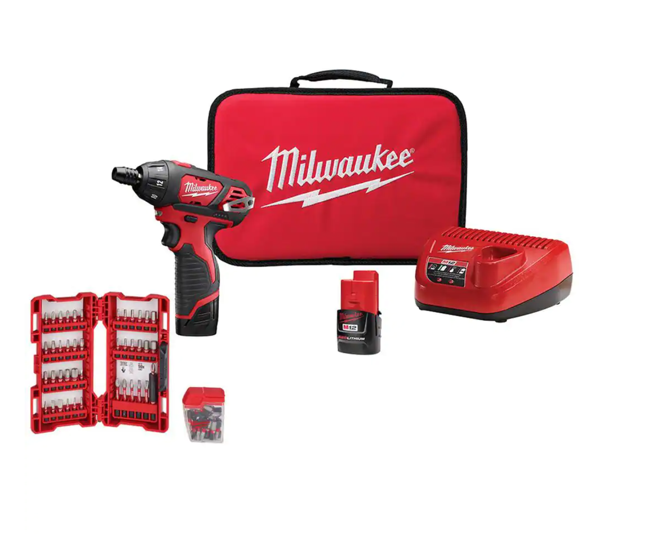 Milwaukee 2401-22-48-32-4497 M12 12-Volt Lithium-Ion Cordless 1/4 in. Hex Screwdriver Kit with SHOCKWAVE Alloy Steel Screwdriver Bit Set (72-Piece)