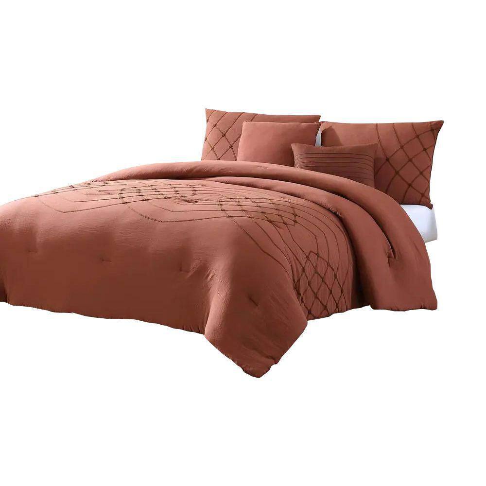 Benjara  Alice 5-Piece Red Stitched Microfiber Queen Comforter Set