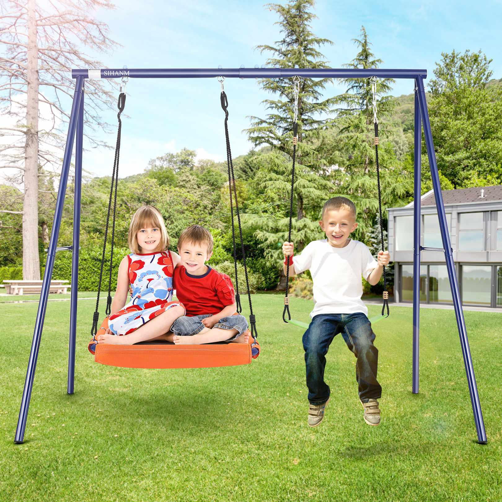 Agotrademall 440lbs 2 Seat Kids Swing Set. 1  Saucer Swing Seat and 1 Belt Swing Seat with Heavy Duty A-Frame Metal Swing Stand