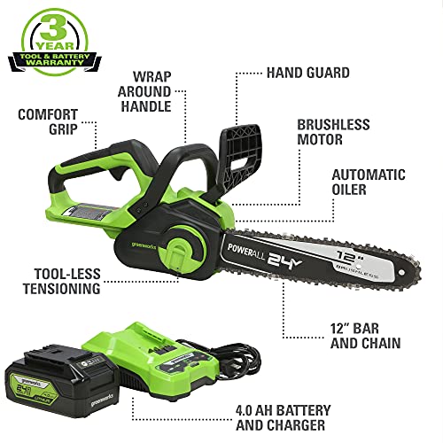 Greenworks 24V 12-inch Brushless Chainsaw with 4.0 Ah Battery and Charger. 2016602