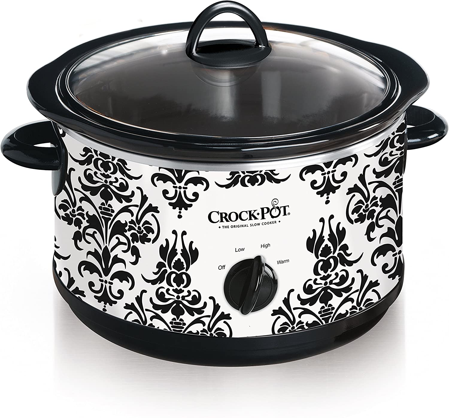 Crock-Pot 4.5 Quart Manual Slow Cooker. Damask Pattern. White