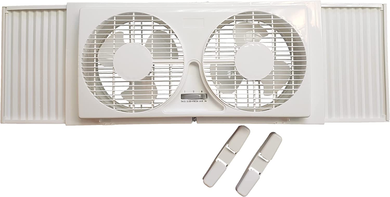 JOEY-Z 9-inch Twin Window Fan with Manual Reversible Airflow Control. Auto-Locking Expanders. and 2-Speed Fan Switch (Min. 22.4″ Max. 34.3″) Expanders and Leg Stands Included