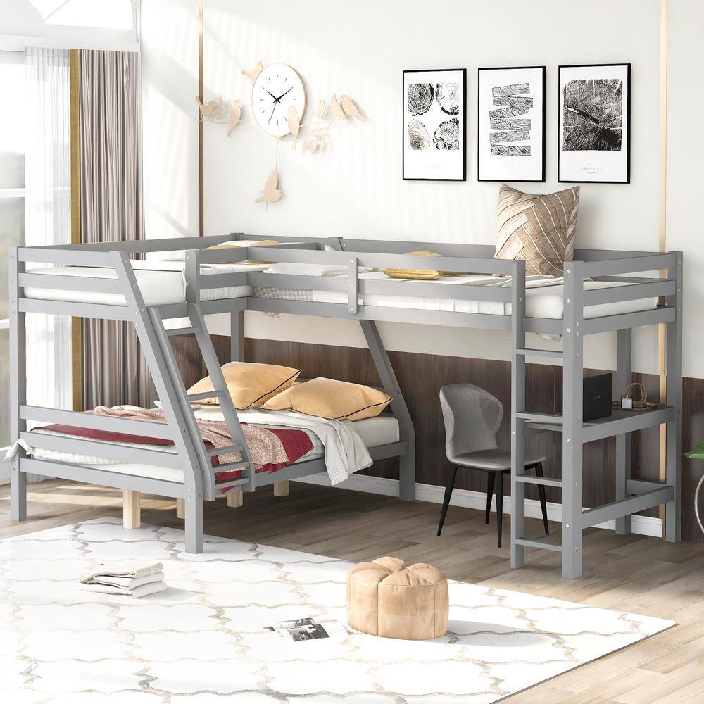 Harper & Bright Designs QHS042AAE L-Shaped Gray Twin over Full Bunk Bed with Ladder and Built-in Desk
