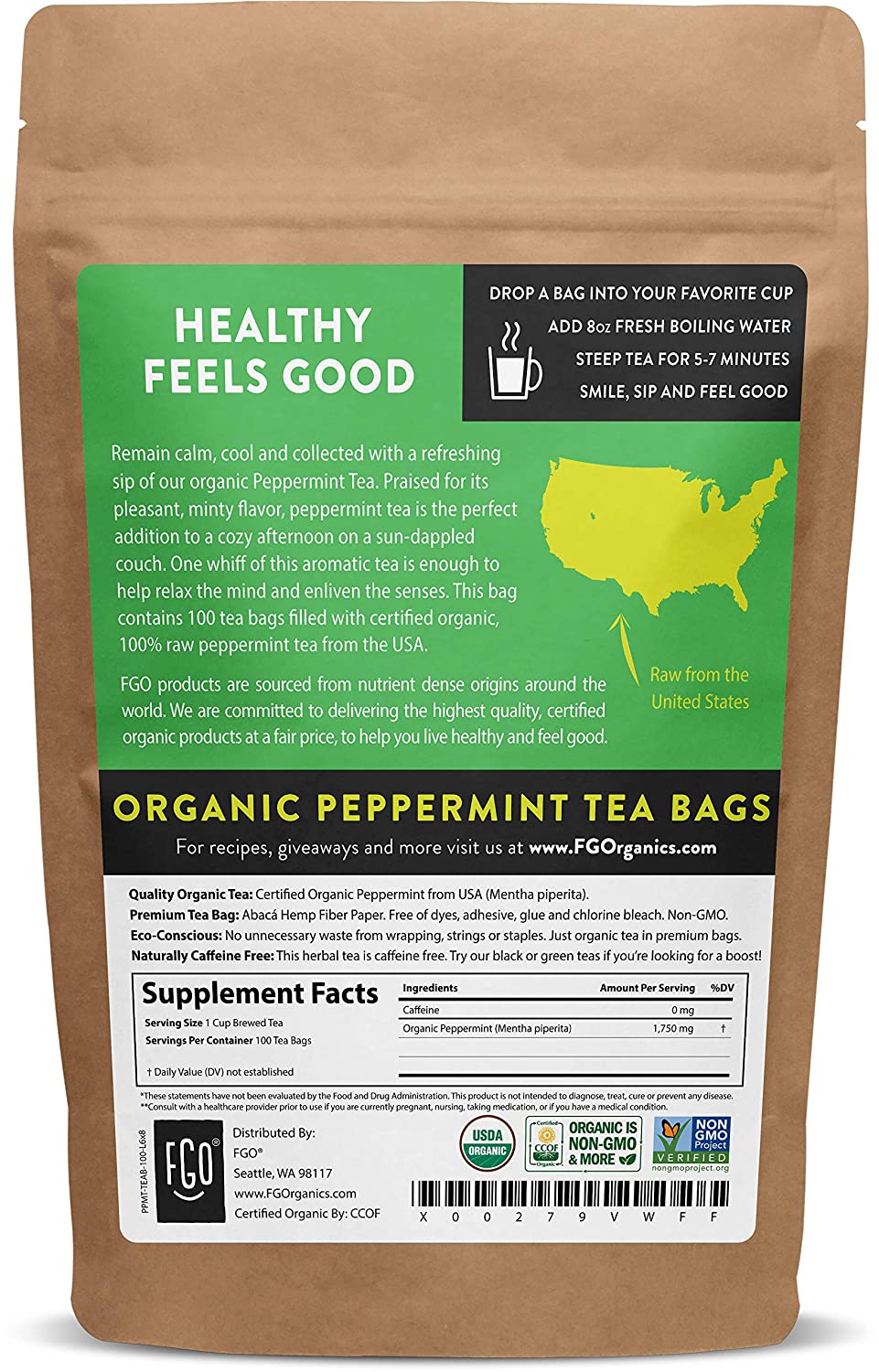 FGO Organic Peppermint Tea Bags 100 Tea Bags Eco-Conscious Tea Bags in Kraft Bag Raw from USA