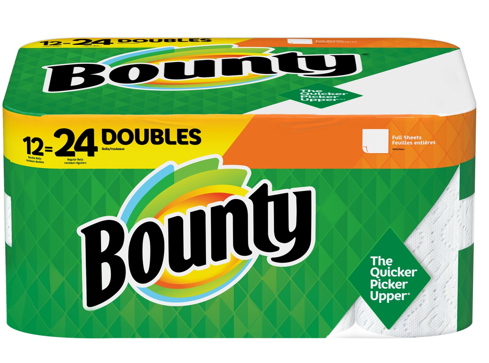 Bounty Paper Towels. White. 12 Double Rolls = 24 Regular Rolls. 12 Ct