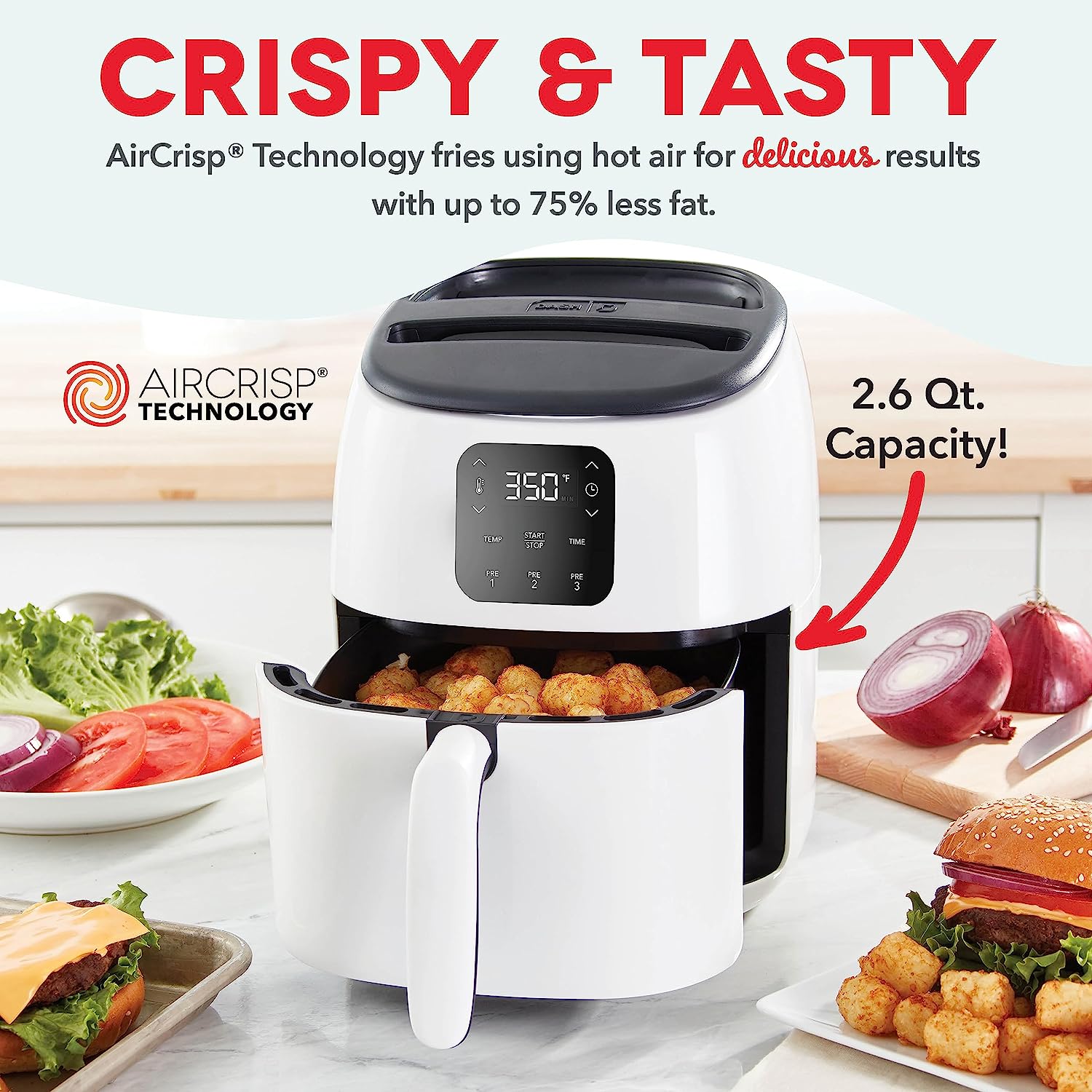DASH Tasti-Crisp™ Digital Air Fryer with AirCrisp Technology. Custom Presets. Temperature Control. and Auto Shut Off Feature. 2.6 Quart - White