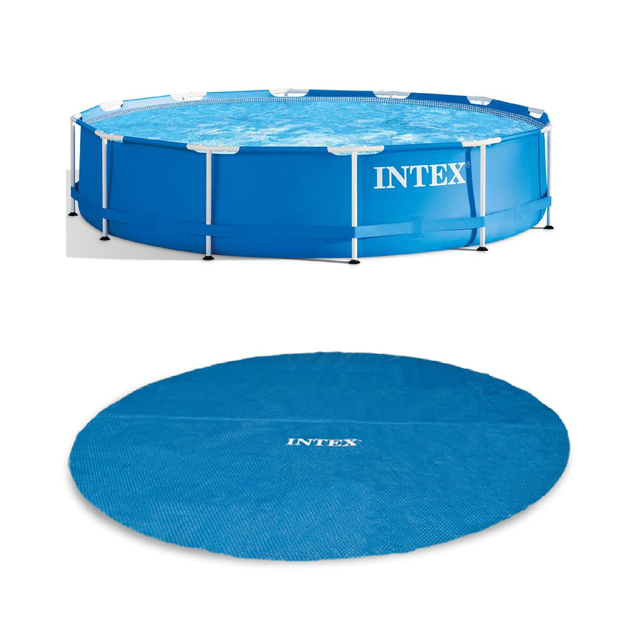 Intex 12 Foot x 30 In. Easy Set and Metal Frame Pool w/ Solar Cover Tarp. Blue