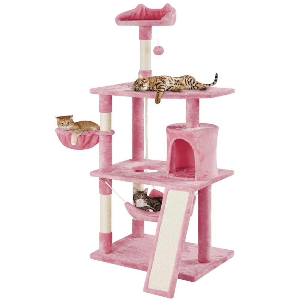 Easyfashion 63.5”H Multi Level Cat Tree Condo with Scratching Post. Pink