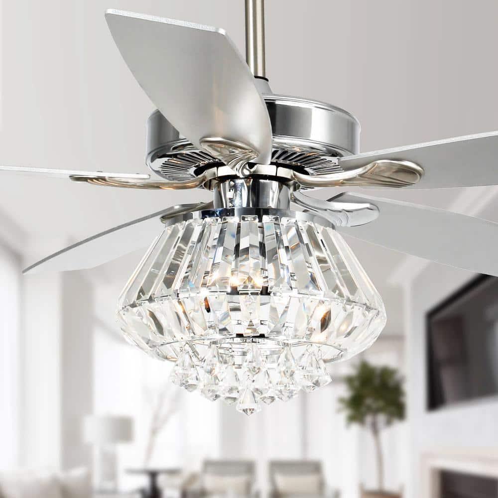 Parrot Uncle F6222A110V Zuniga 52 in. Indoor Chrome Downrod Mount Crystal Chandelier Ceiling Fan with Light Kit and Remote Control