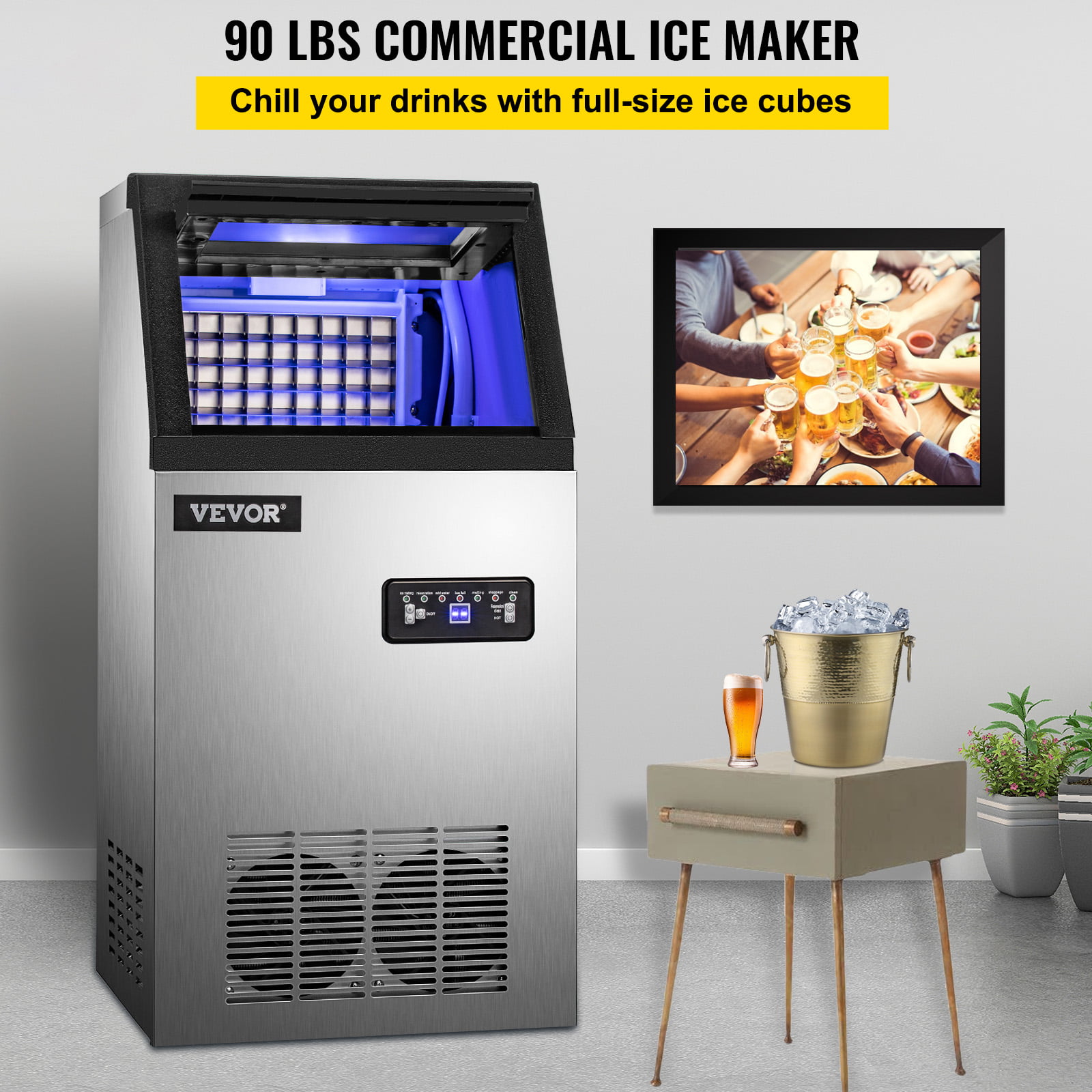 VEVOR 110V Commercial Ice Maker 90lbs/24h with 22 lbs Storage 4×9 Cubes Commercial Ice Machine 110V Automatic Ice Machine