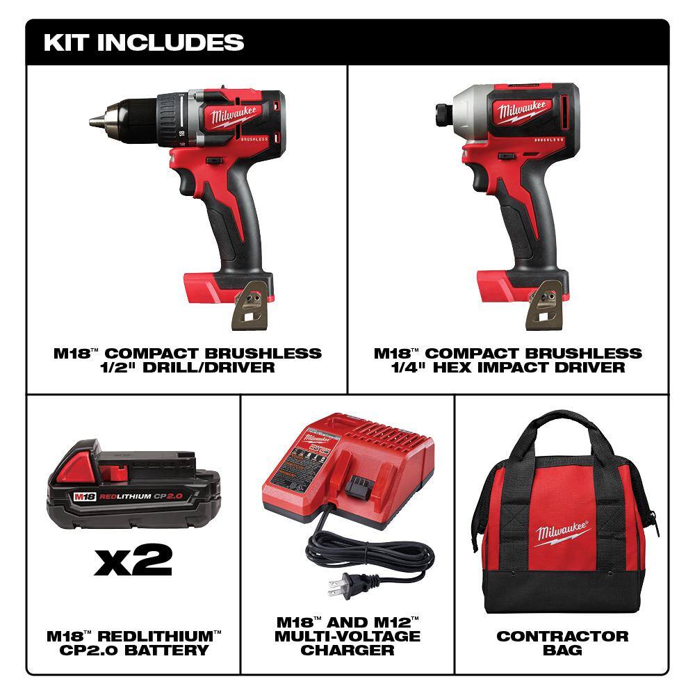 Milwaukee 2892-22CT-48-32-4023 M18 18V Lithium-Ion Brushless Cordless Compact Drill/Impact Combo Kit (2-Tool) W/ SHOCKWAVEBit Set (45-Piece)