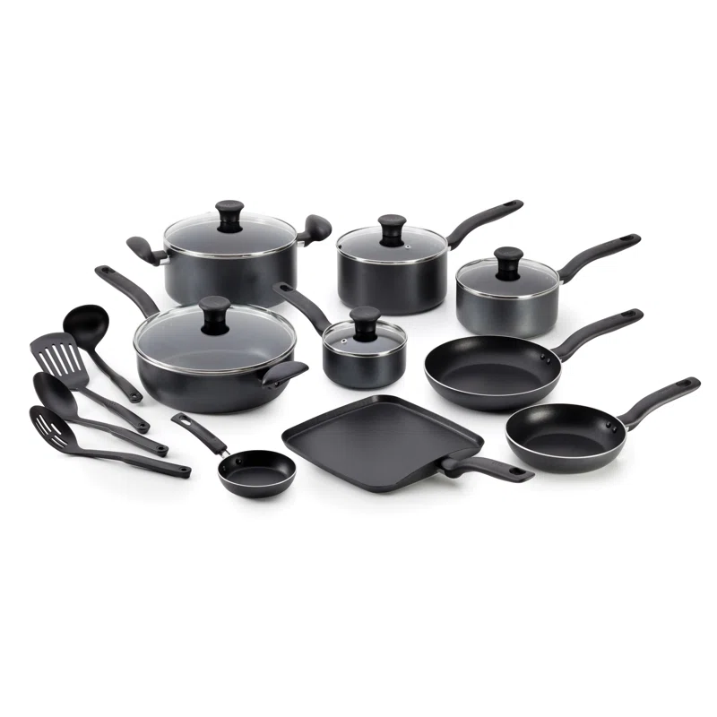T-fal Initiatives Nonstick Inside and Out Cookware Set. 18-Piece. Black