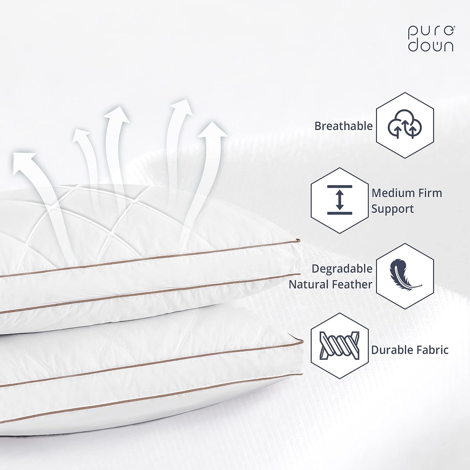 Puredown Goose Feathers and Down Pillow for Sleeping Gusseted Bed Hotel Collection Pillows. King. Set of 2