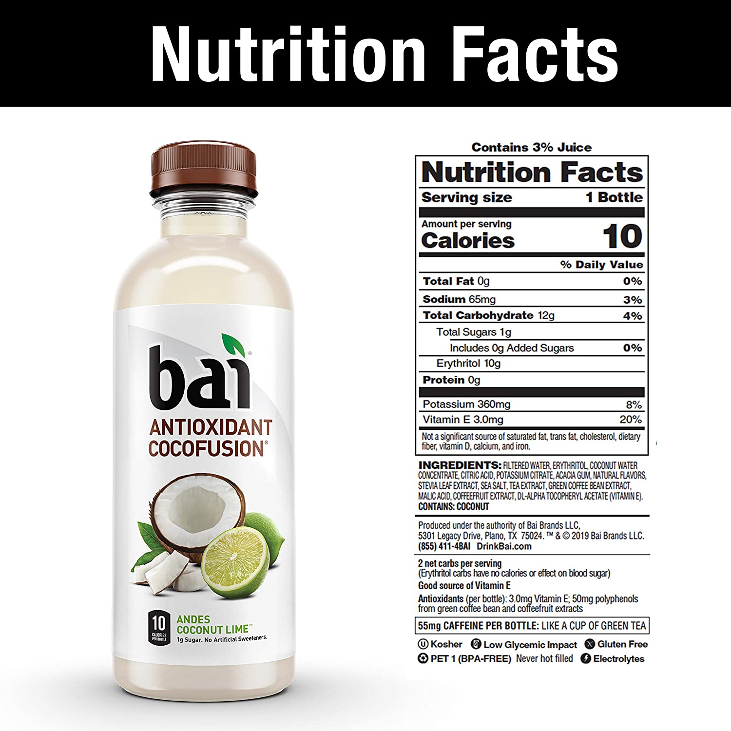 Bai Andes Coconut Lime. Coconut Flavored Water. 18 Fl Oz. 12 Pack