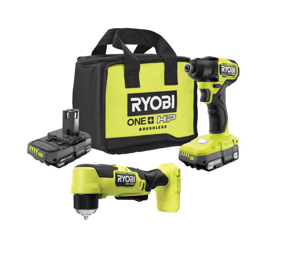 RYOBI PSBID01K-PSBRA02B ONE+ HP 18V Brushless Cordless Compact 1/4 in. Impact Driver and 3/8 in. Right Angle Drill with (2) Batteries. Charger