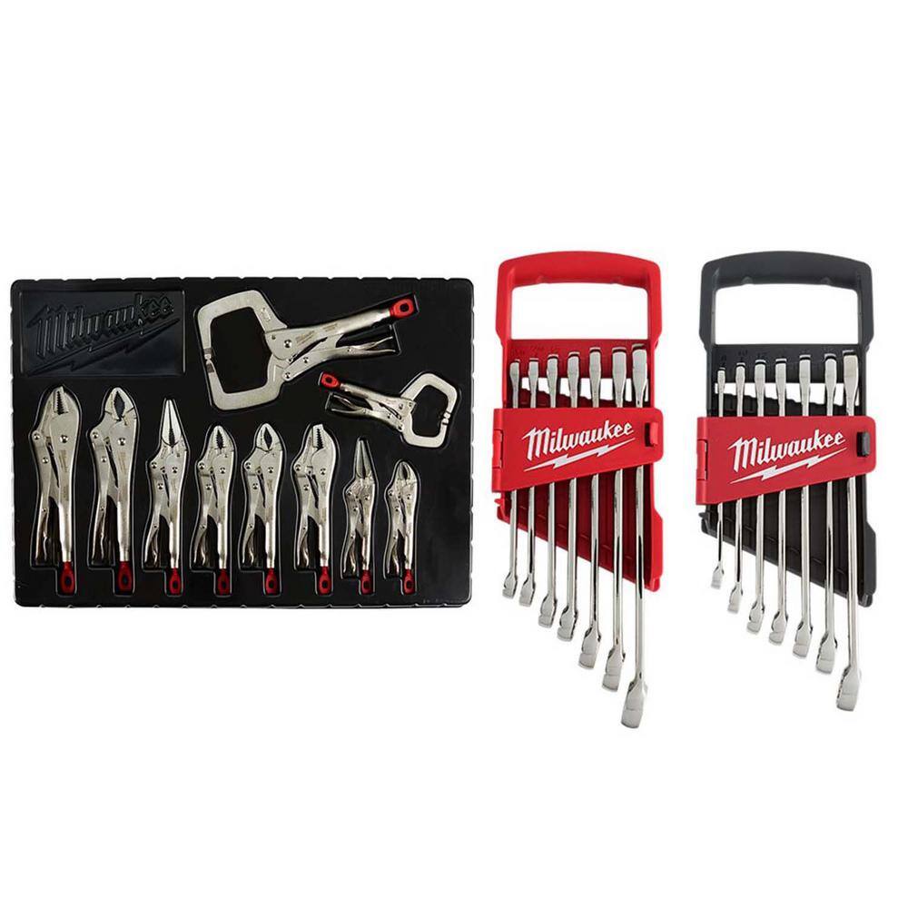 Milwaukee 48-22-3690-48-22-9407-48-22-9507 Torque Lock Locking Pliers Kit with Combination Metric and SAE Wrench Mechanics Tool Set (24-Piece)