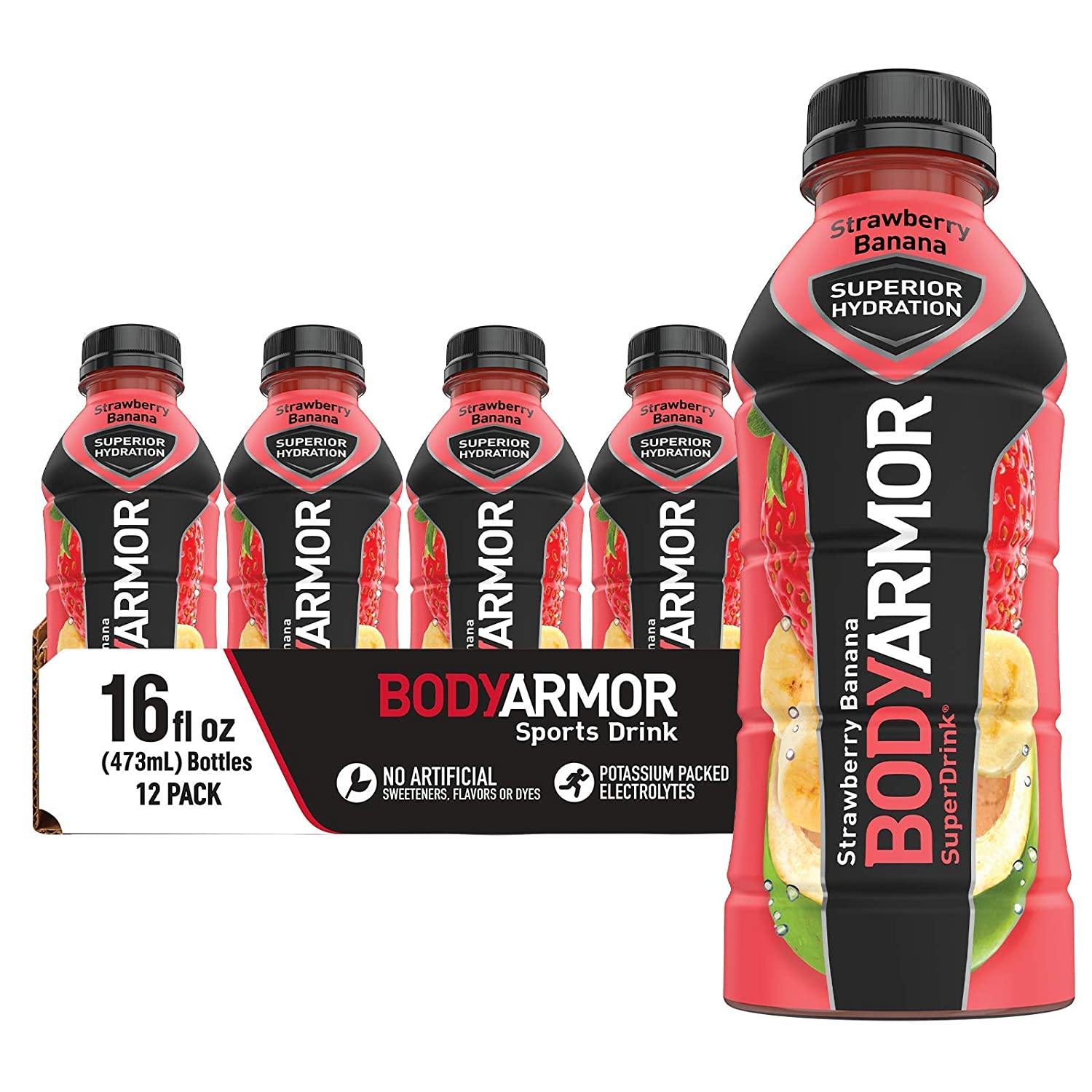 BODYARMOR Sports Drink Sports Beverage. Strawberry Banana. Natural Flavors With Vitamins. Potassium-Packed