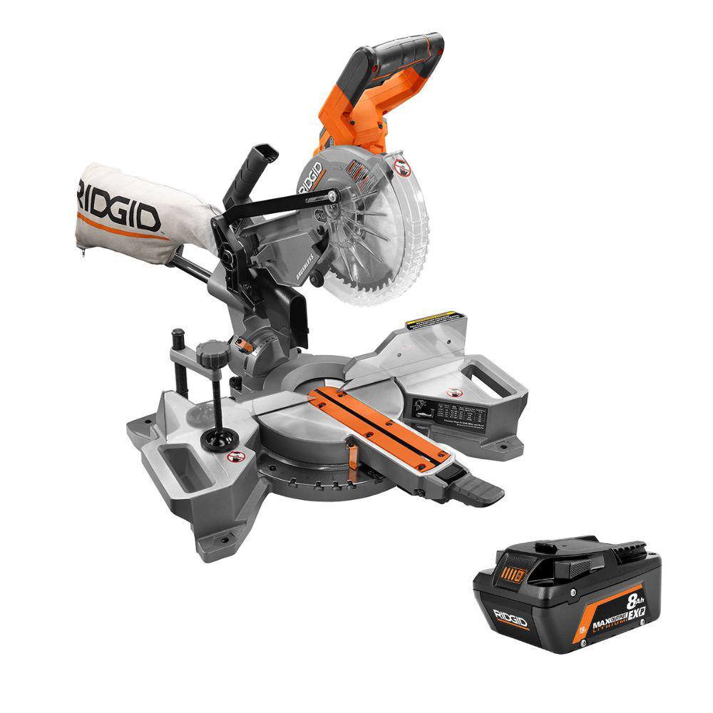 RIDGID R48607B-AC840080 18V Brushless Cordless 7-1/4 in. Dual Bevel Sliding Miter Saw with 18V 8.0 Ah MAX Output EXP Lithium-Ion Battery