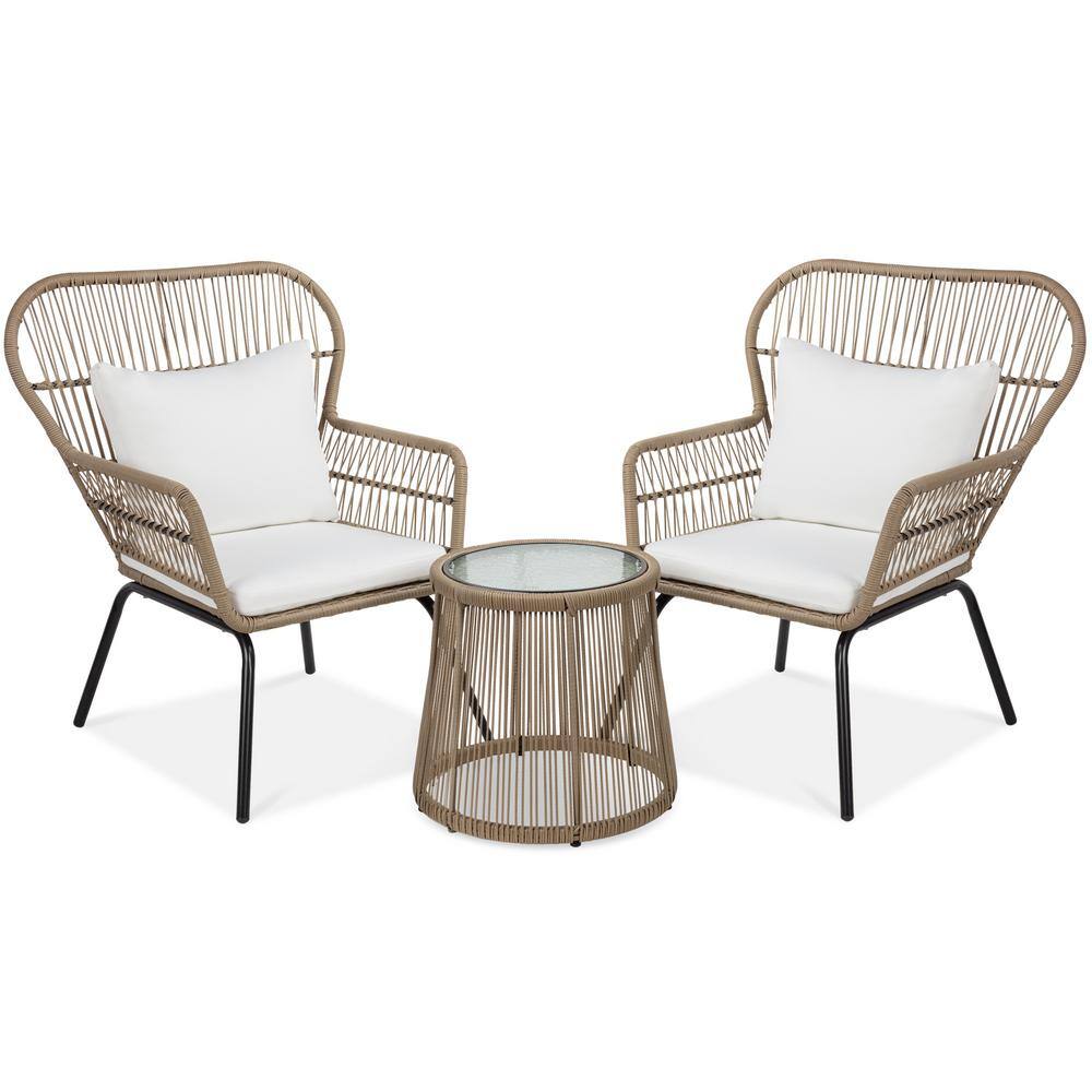 Best Choice Products  3-Piece Wicker Outdoor Bistro Set with Cream White Cushions