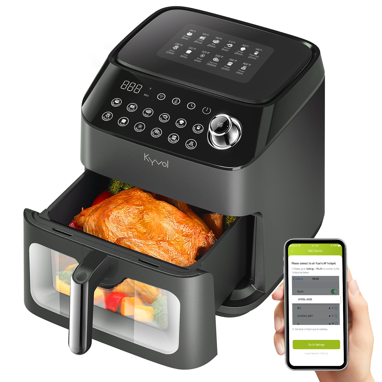 Kyvol Smart Wi-Fi Air Fryer. AF600 Air Fryer. 6 Quart. 12 Presets Recipe