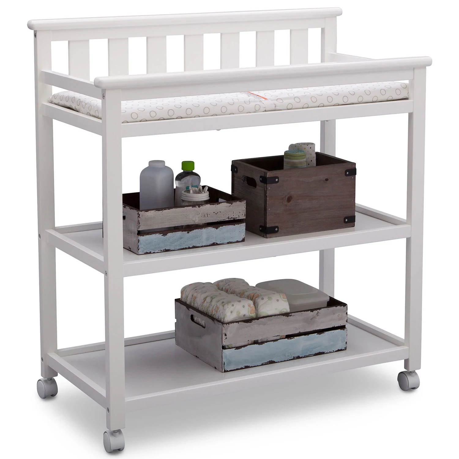 Delta Children Flat Top Changing Table with Wheels and Changing Pad - Greenguard Gold Certified. Bianca White