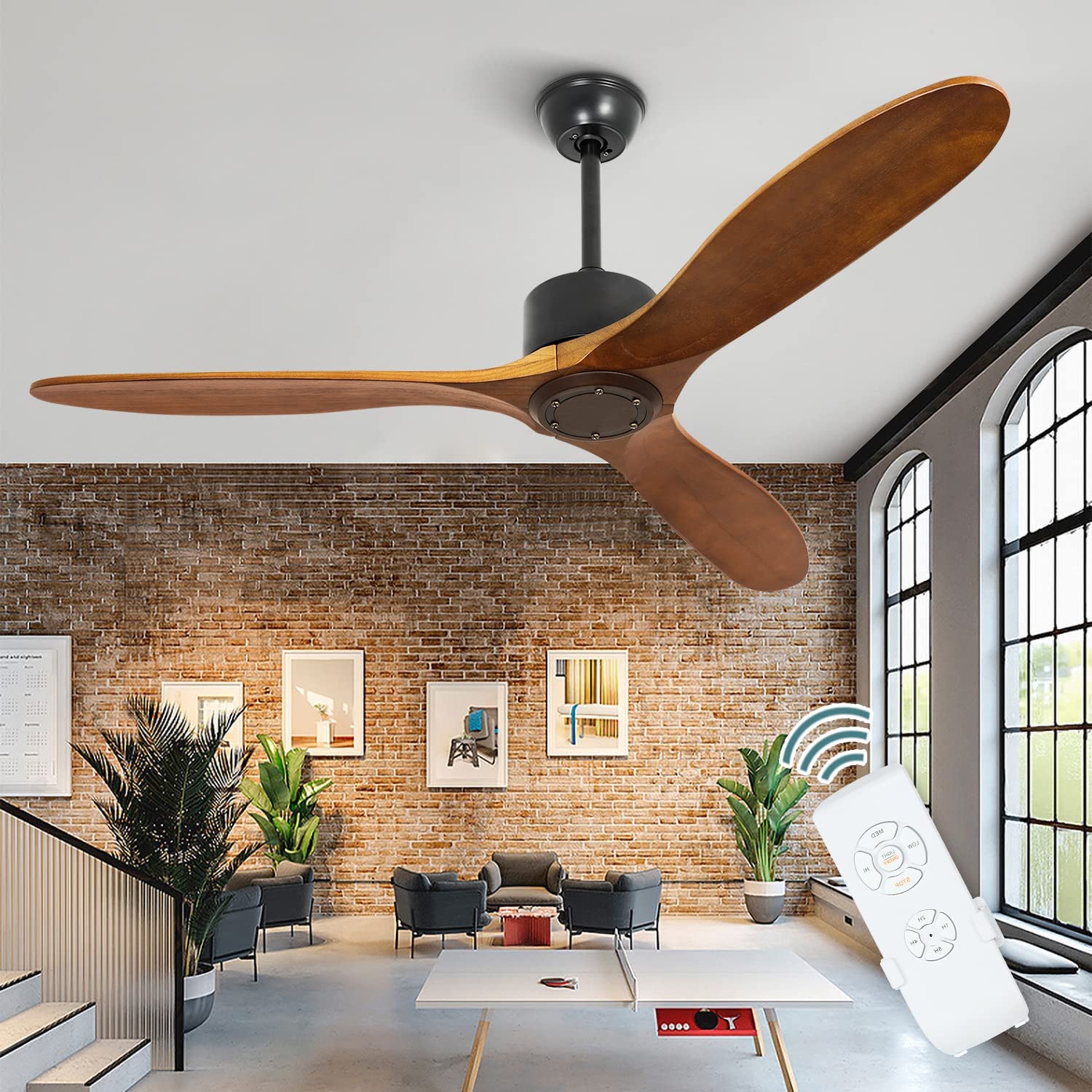 DingLiLighting 52-inch Wood Ceiling Fan with Remote Control. Indoor 3-Blade Modern Propeller Ceiling Mount Fan. with Adjustable Speeds. Timing. No light
