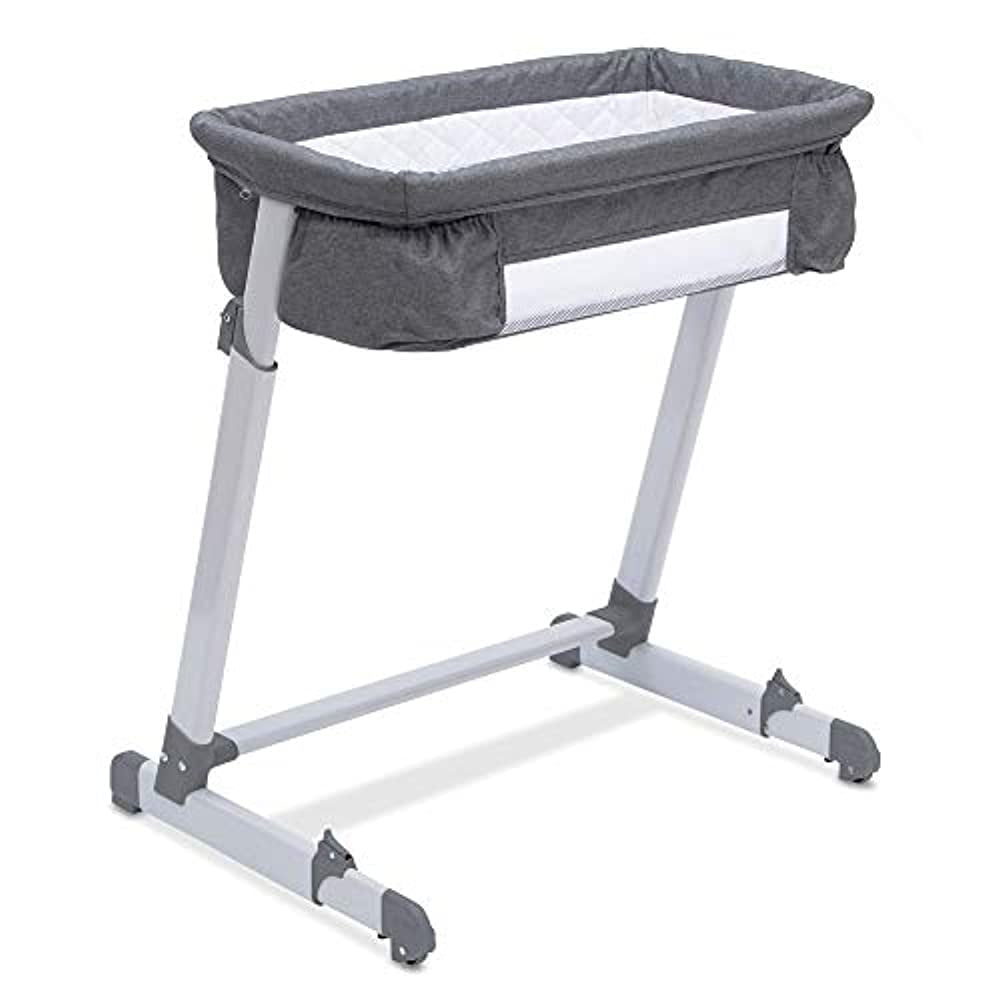 Simmons Kids By The Bed City Sleeper Bassinet. Adjustable Height Portable Crib with Wheels & Airflow Mesh. Grey Tweed
