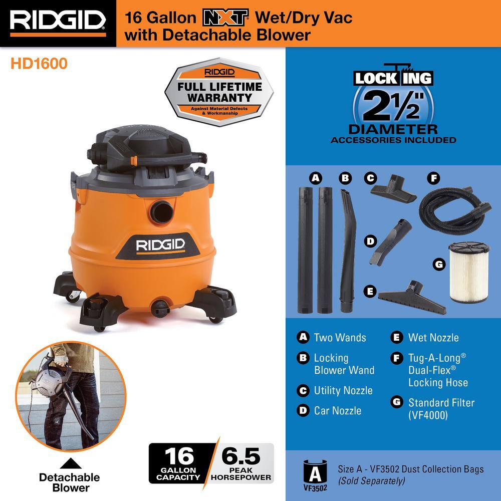 RIDGID HD1600 16 Gallon 6.5 Peak HP NXT Wet/Dry Shop Vacuum with Detachable Blower. Filter. Locking Hose and Accessories