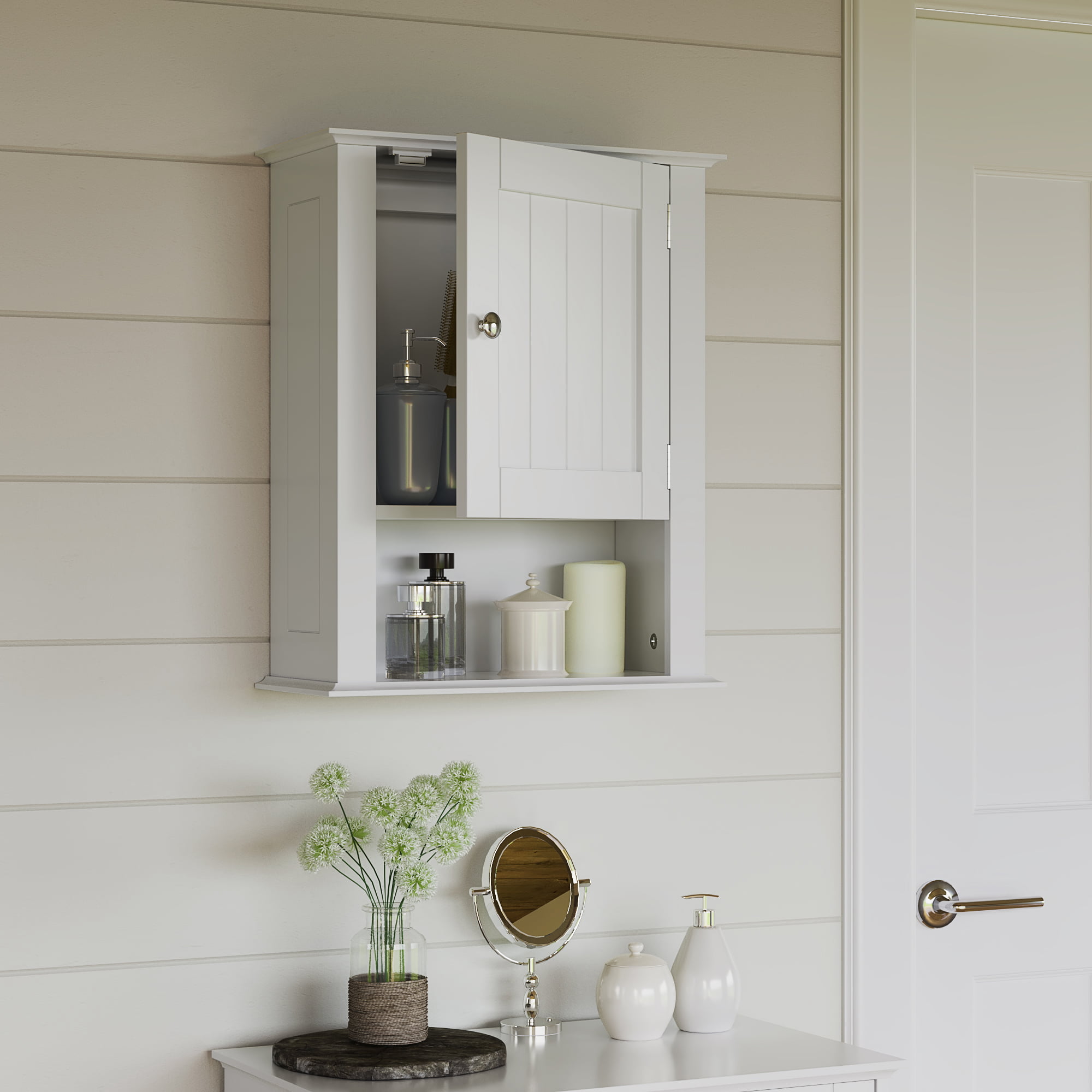 RiverRidge Home Ashland Collection Bath Single Door Wall Cabinet with Open Shelf. White