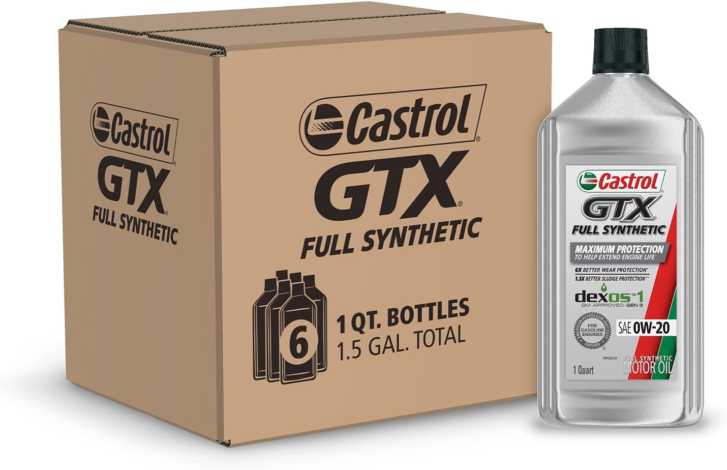 Castrol GTX Full Synthetic 0W-20 Motor Oil. 1 Quart. Pack of 6