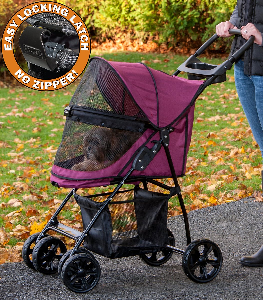 Pet Gear Happy Trails Lite No-Zip Pet Stroller. Zipperless Entry. Easy Fold with Removable Liner. Storage Basket + Cup Holder. Boysenberry