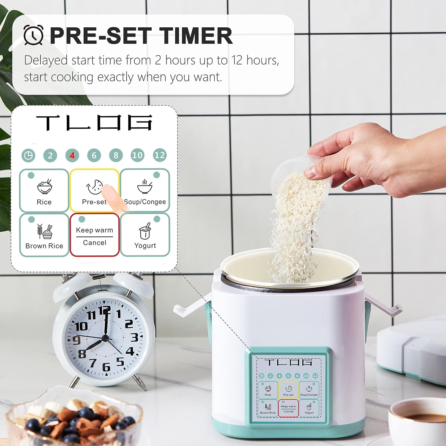 TLOG Mini Rice Cooker 2.5 Cups Uncooked. Healthy Ceramic Coating Portable Rice Cooker. 1.2L Travel Rice Cooker Small for 1-3 People. Personal Rice maker. Food Steamer. 12 Hours delay timer. Multi-cooker for Grains. Oats