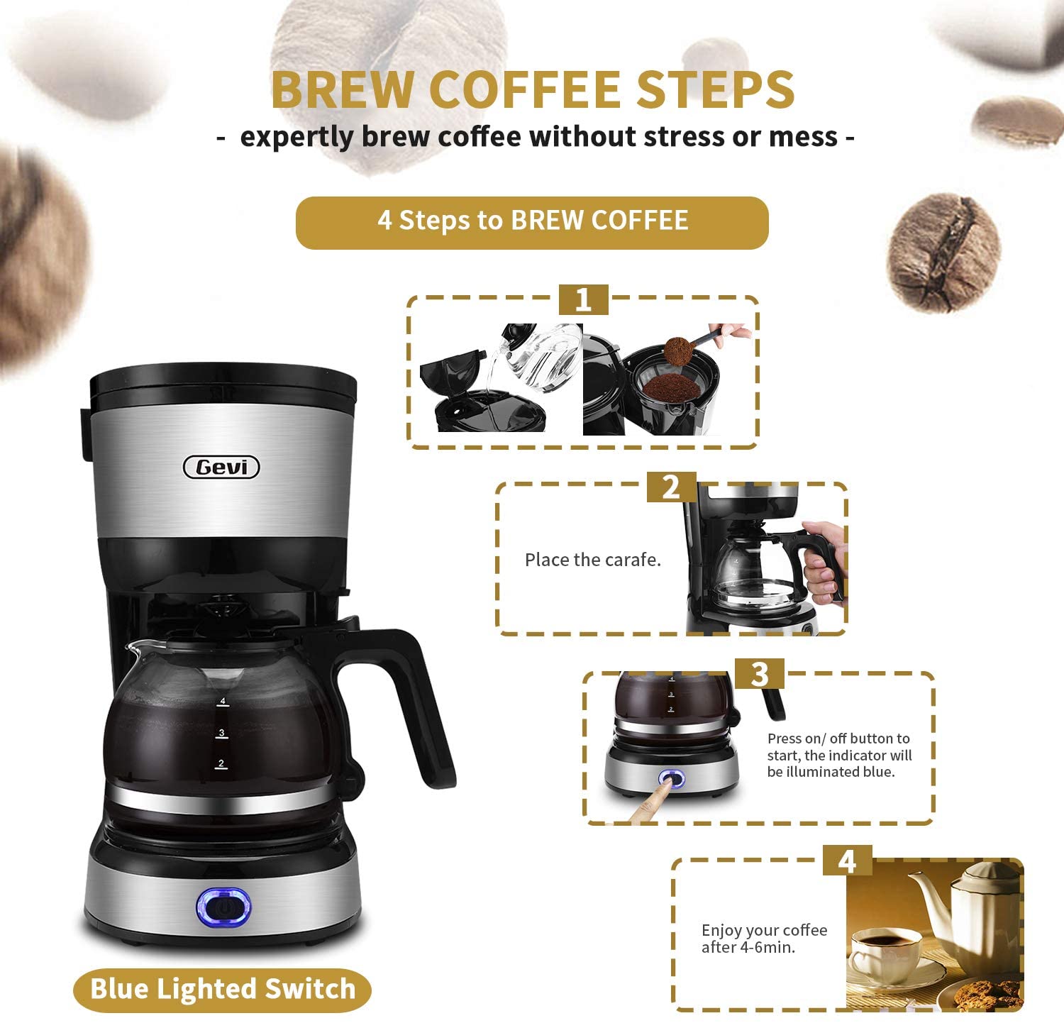 Gevi 4-Cup Coffee Maker with Auto-Shut off. Cone Filter. Stainless Steel Finish. 600ml