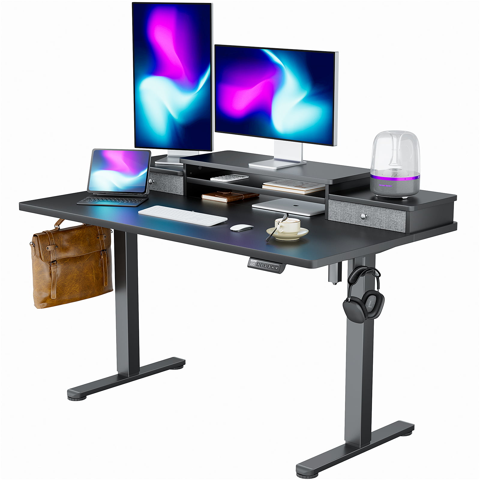 Electric Standing Desk with Double Drawers Height Adjustable 55″x28″ Stand Up Desk with Monitor Shelf. Black
