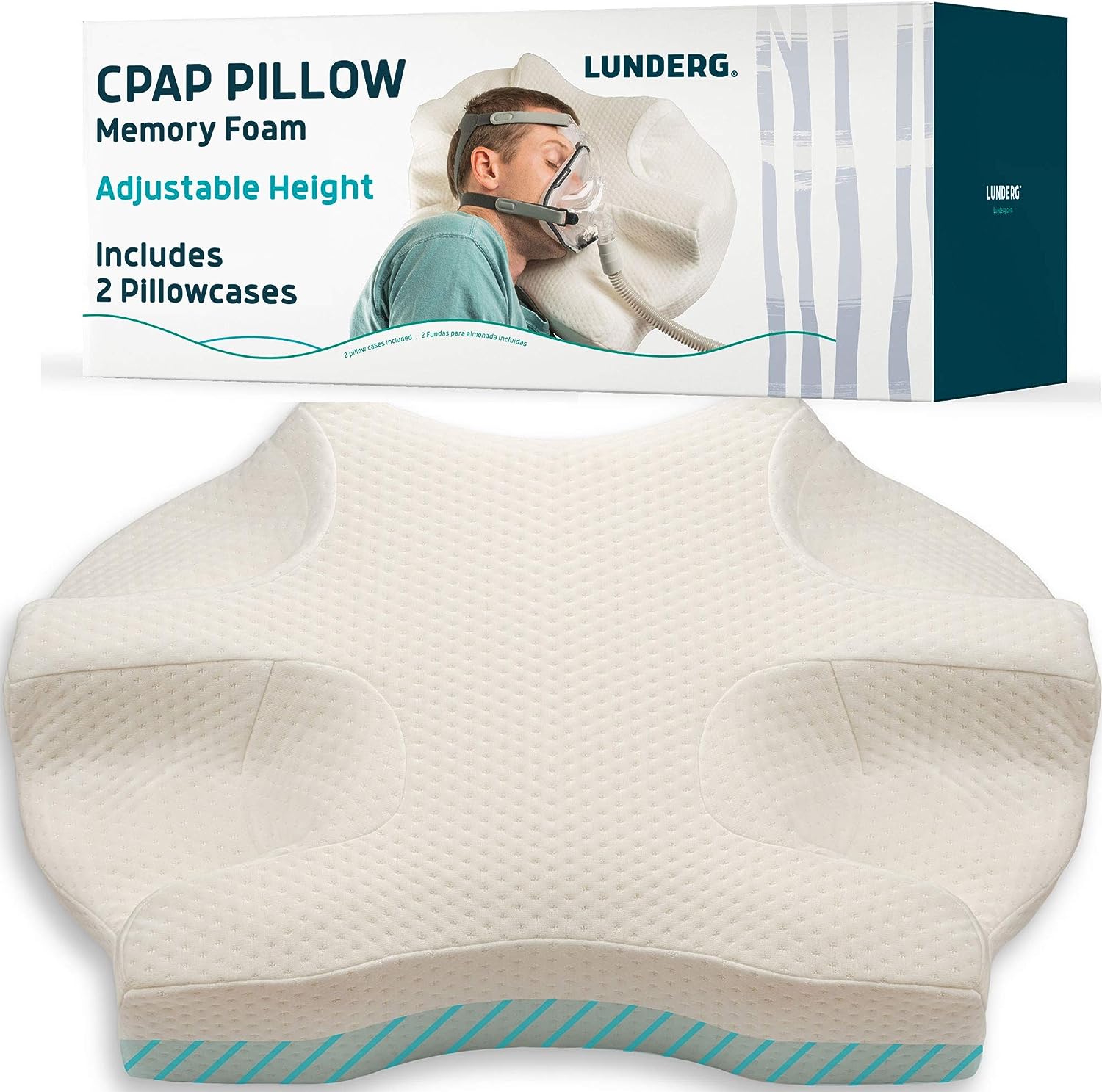 Lunderg CPAP Pillow for Side Sleepers - Includes 2 Pillowcases - Adjustable Memory Foam Pillow for Sleeping on Your Side. Back & Stomach - Reduce Air Leaks & Mask Pressure for a Better Sleep