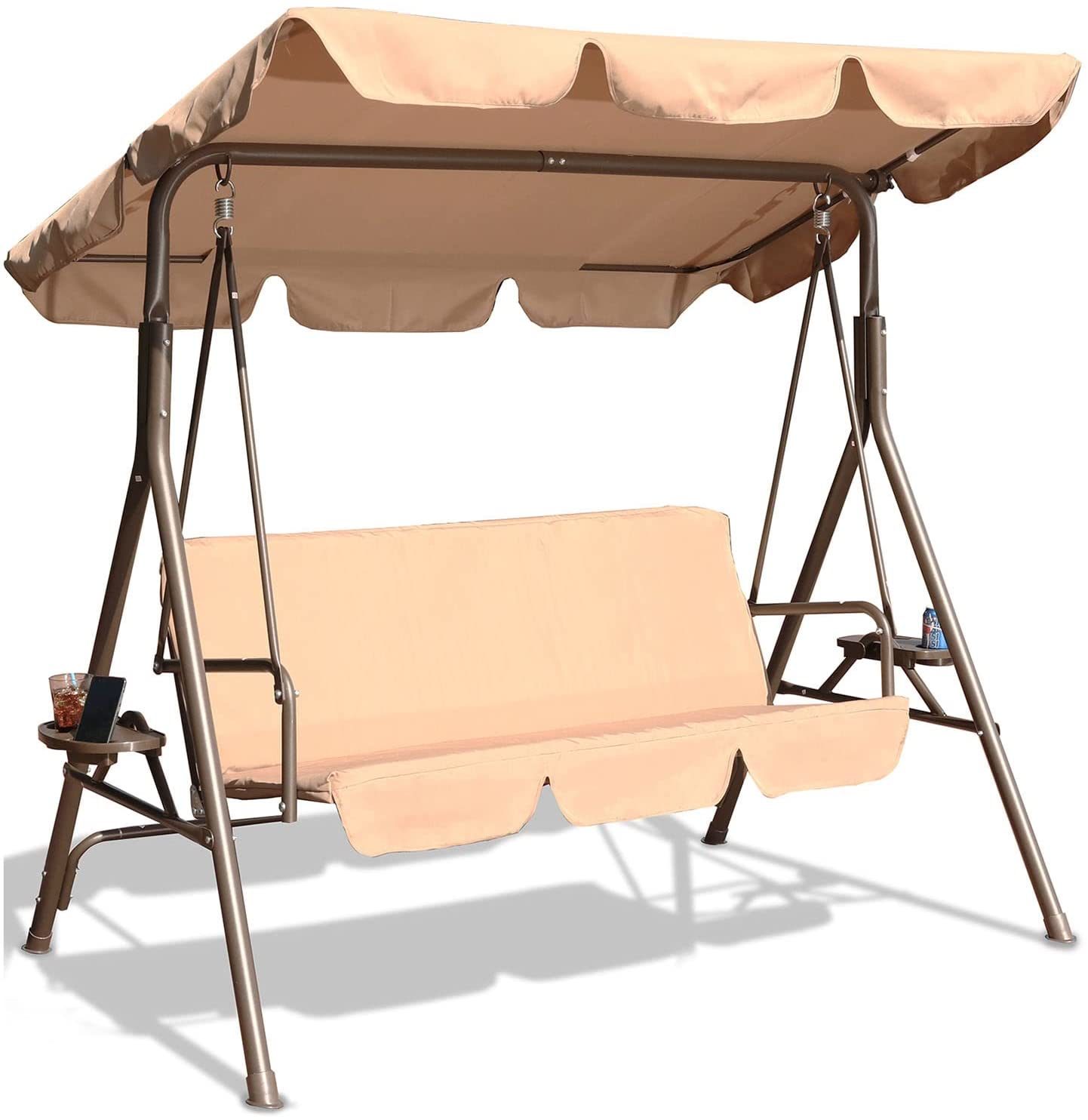 GOLDSUN Durable Outdoor Patio Swing with Side Table Weather Resistant Canopy Swinging Chair with Removable Cushion.Suitable for Garden. Poolside. Balcony. Backyard-Beige (BGSW-817)