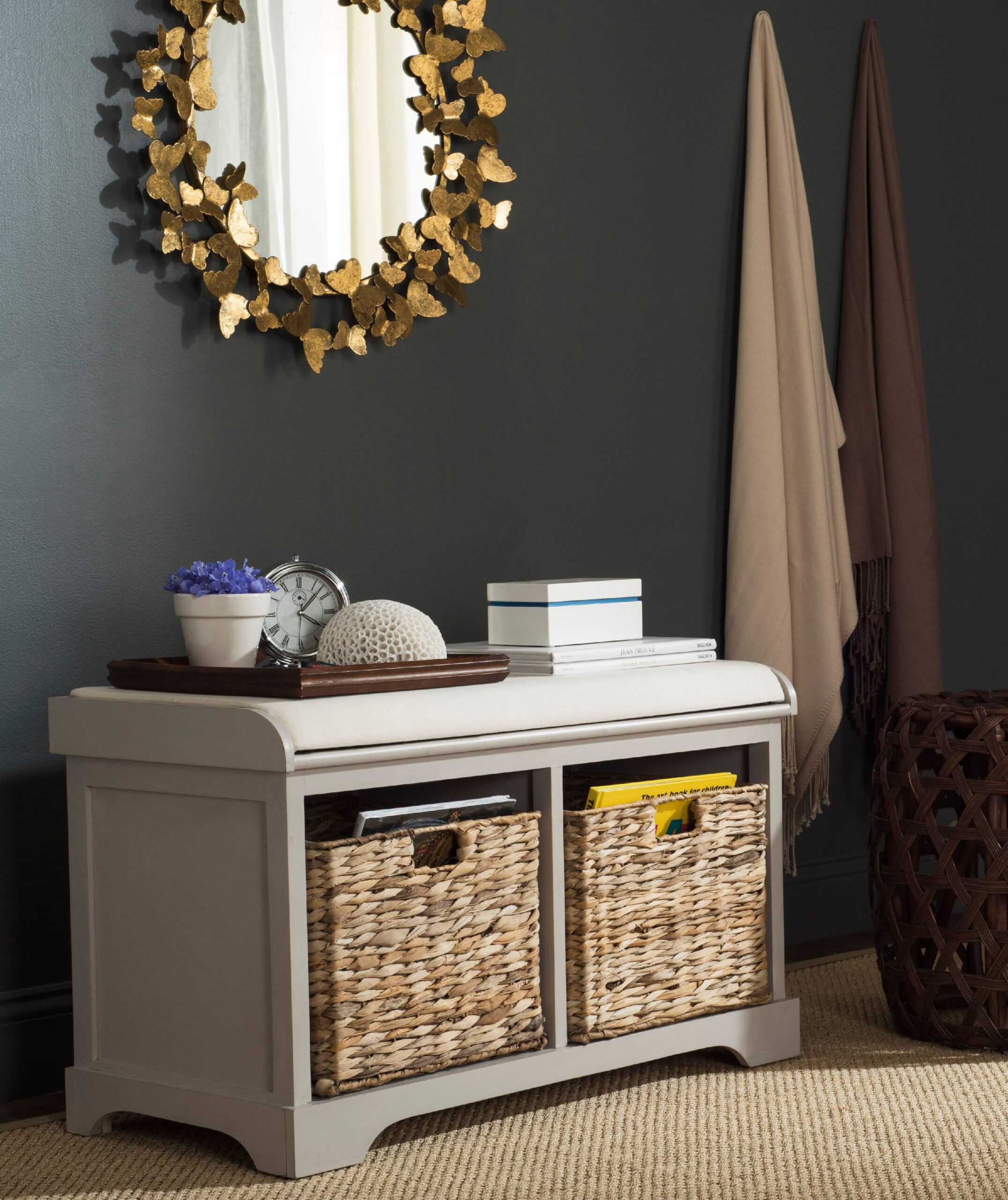 Safavieh Freddy Contemporary Wicker Storage Bench with Cushion.Vintage Grey