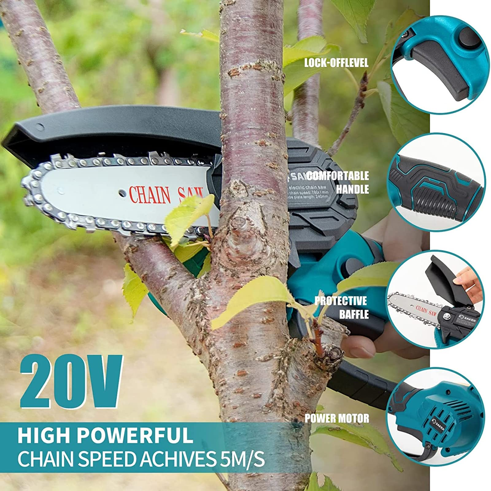 Saker 4 Inch Mini Chainsaw. Portable Electric Chainsaw Cordless. Handheld Chain Saw Pruning Shears Chainsaw for Tree Branches . Courtyard. Household & Garden( Chainsaw + 2 Batteries)