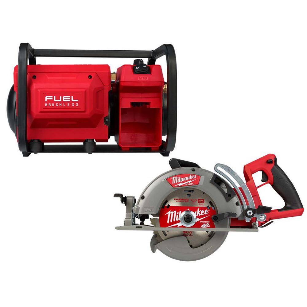 Milwaukee 2840-20-2830-20 M18 FUEL Brushless Cordless 2 Gal. Compact Quiet Compressor w/M18 FUEL Cordless 7-1/4 in. Rear Handle Circular Saw