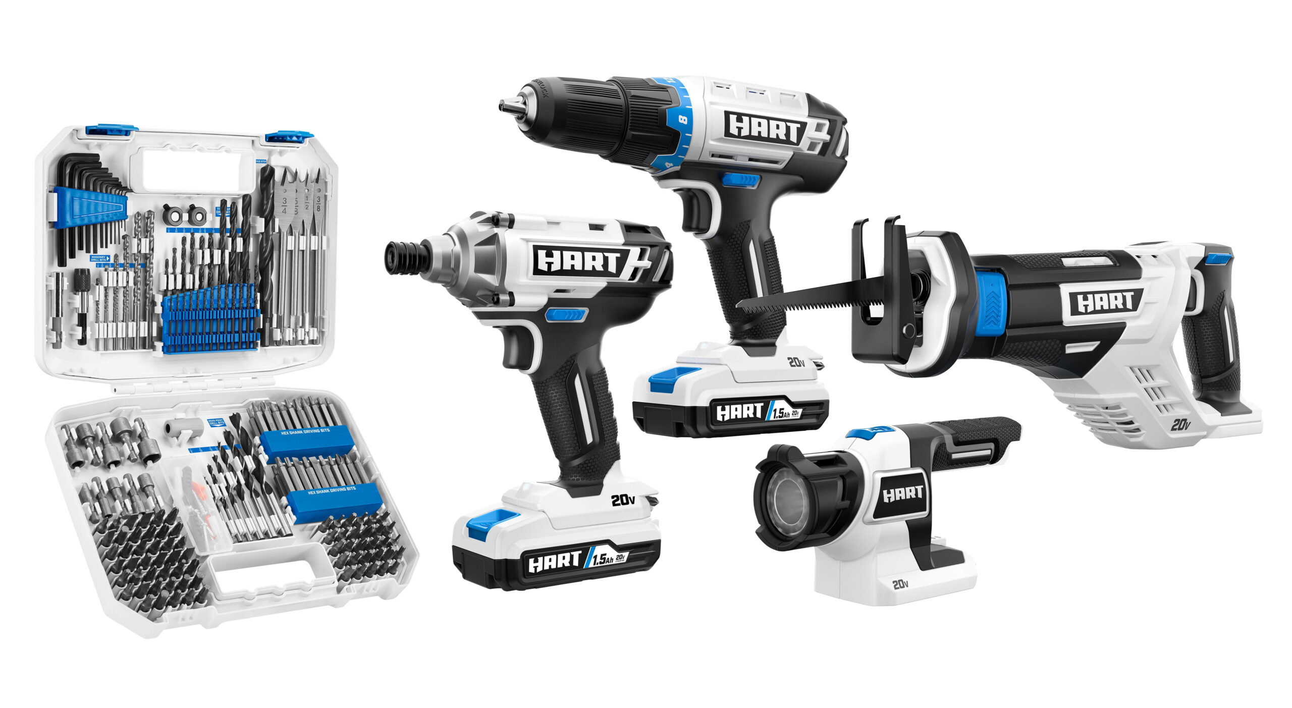 HART 20-Volt Cordless 4-Tool Combo Kit with 200-Piece Accessory Kit and 16-inch Storage Bag. (2) 20-Volt 1.5Ah Lithium-Ion Battery