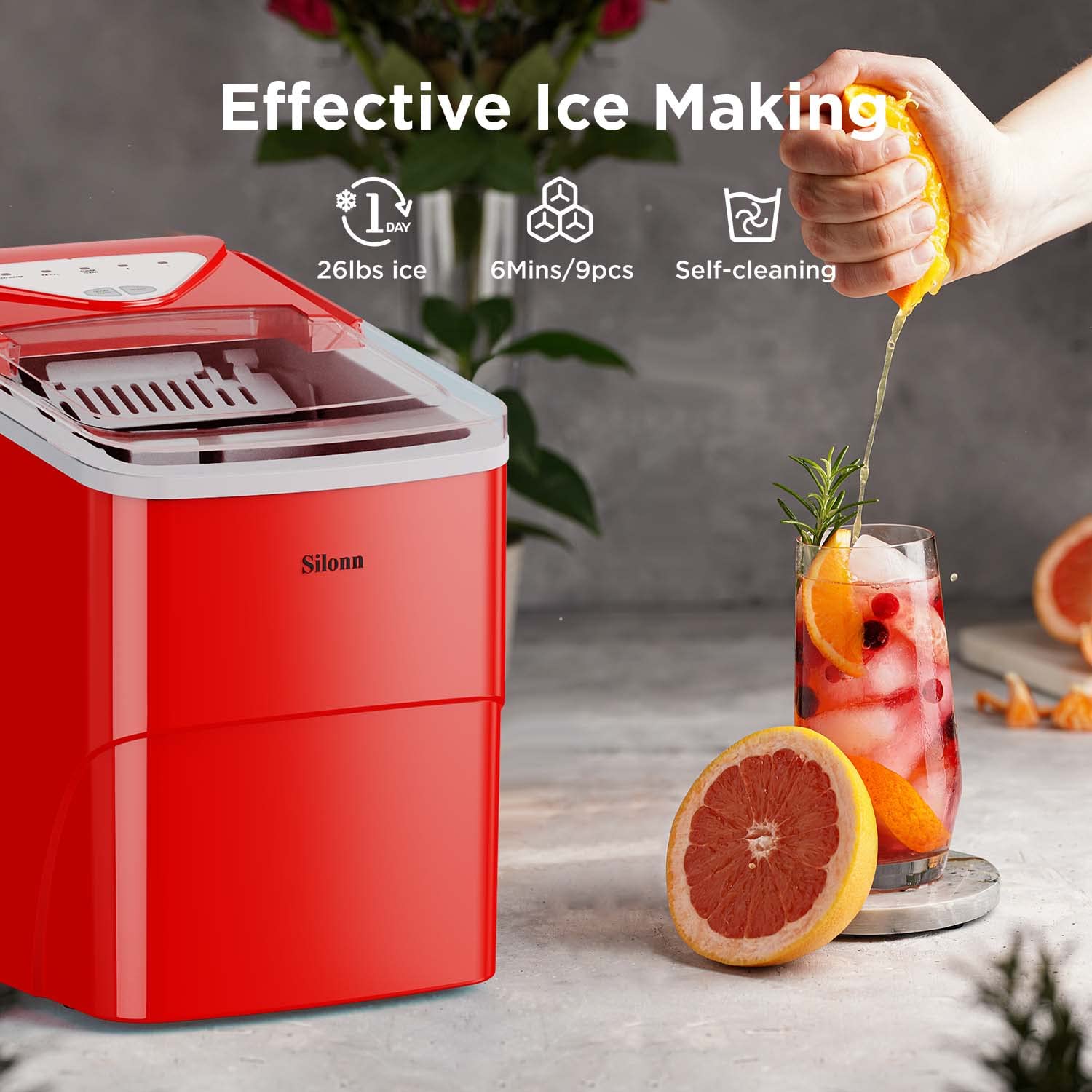 Silonn Ice Makers Countertop. 9 Cubes Ready in 6 Mins. 26lbs in 24Hrs. Self-Cleaning Ice Machine with Ice Scoop and Basket. 2 Sizes of Bullet Ice for Home Kitchen Office Bar Party. Red