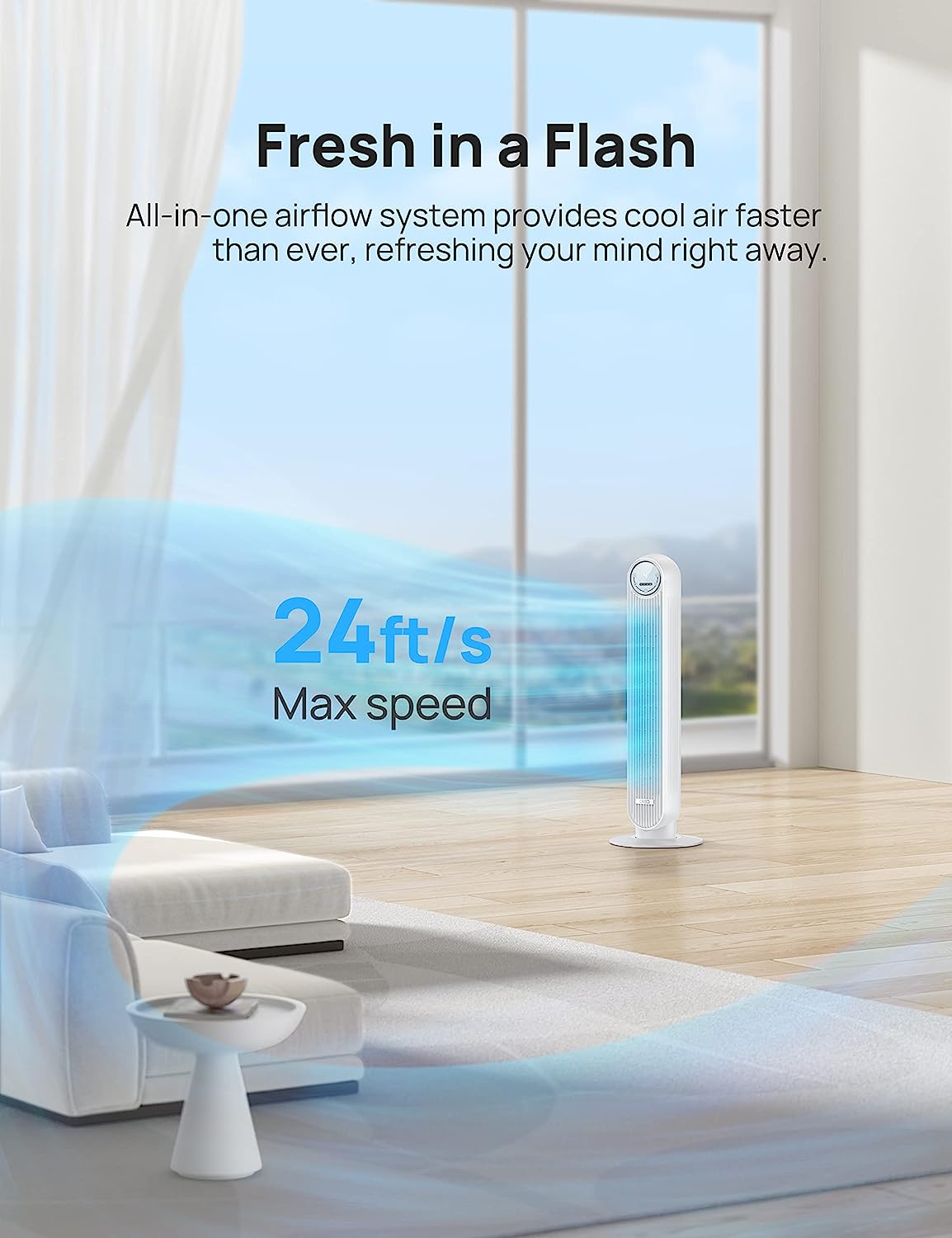 Dreo Nomad One Tower Fan with Remote. 24ft/s Velocity Quiet Cooling Fan. 90° Oscillating 4 Speeds. Modes. 8H Timer. Bladeless Standing Floor Fans. White