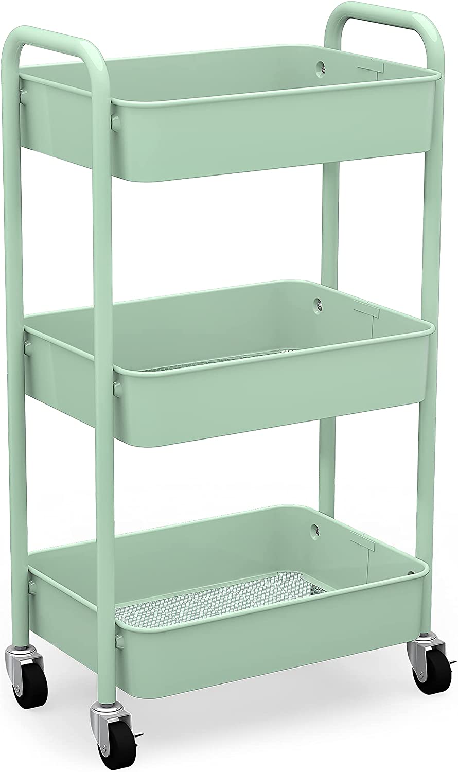 CAXXA 3-Tier Rolling Metal Storage Organizer - Mobile Utility Cart. Kitchen Cart with Caster Wheels (Aqua Green)
